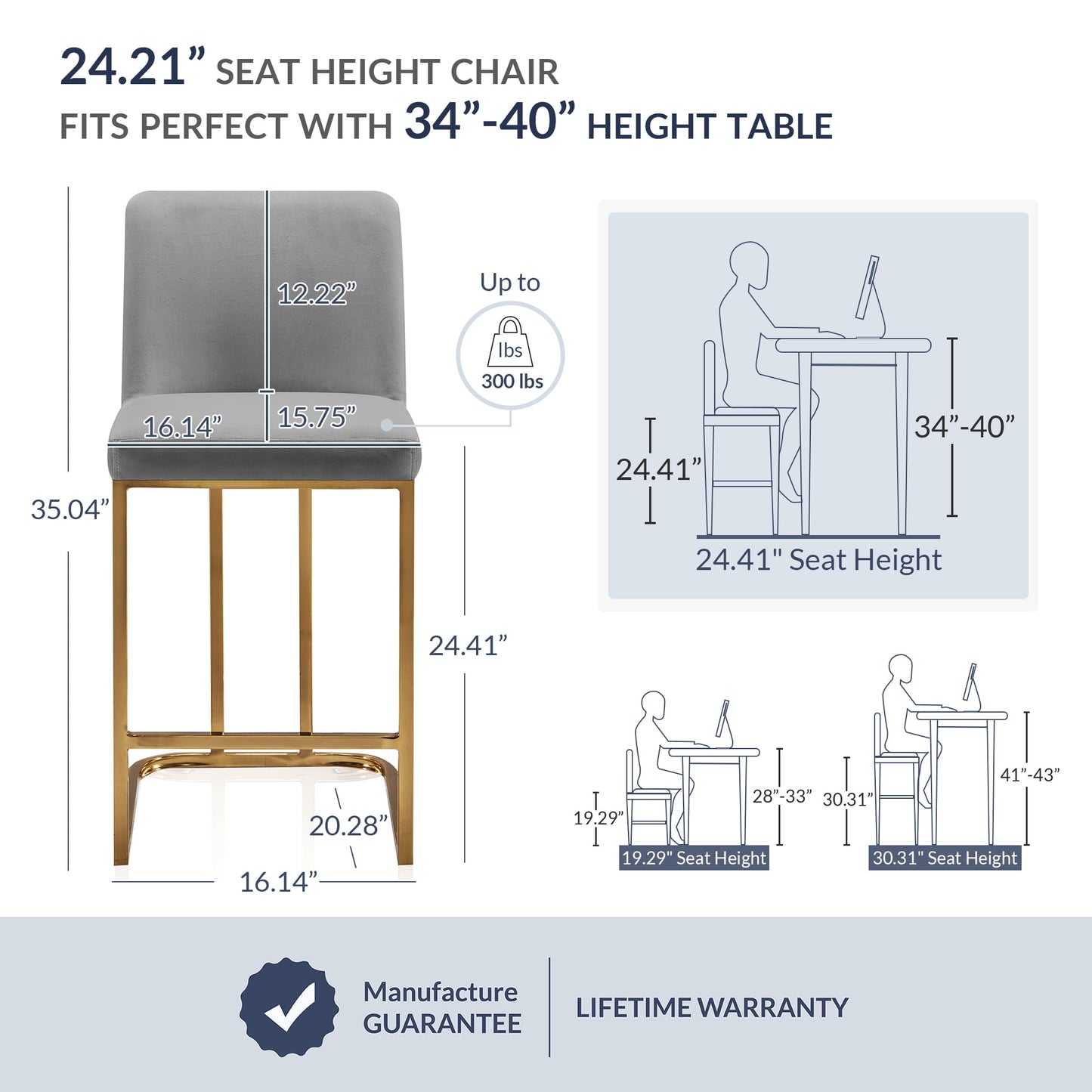 BELLEZE 24 Inch Barstools Counter Stools Set of 2, Upholstered Bar Stools with Gold Metal Frame, Modern Counter Height Chairs Kitchen Stools for Home and Restaurant - Hutton (Grey)