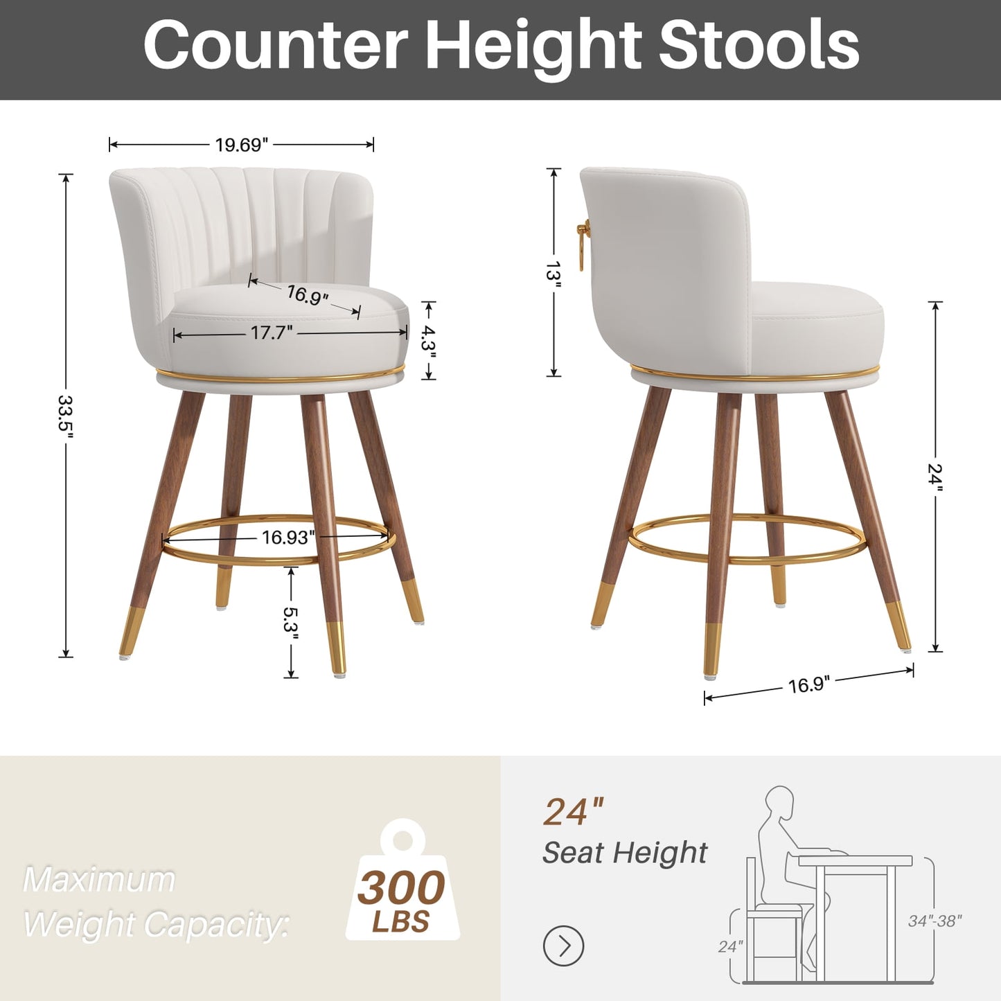 Set of 4 Leather 24 Swivel Bar Stools with Curved Back and Wood Legs, Counter Height Pub Chairs, White