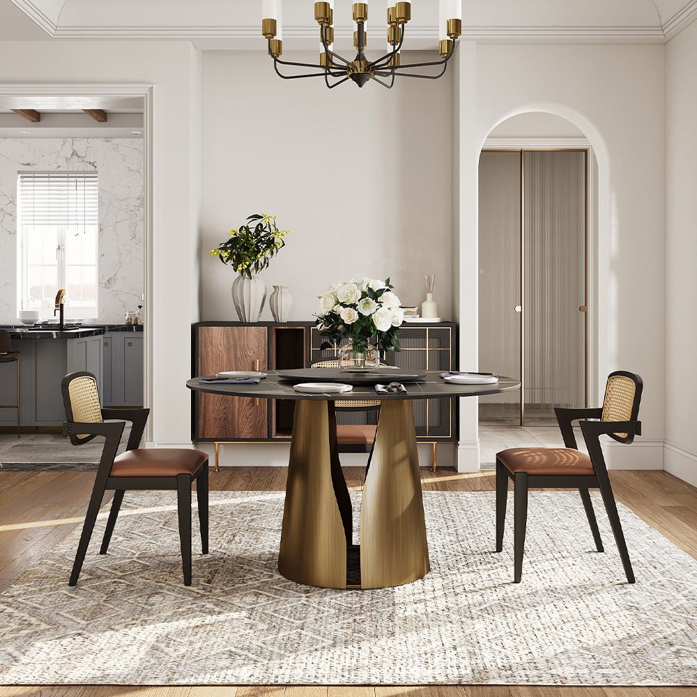 POVISON 51in Modern Black Round Dining Table with Lazy Susan for 4¡°?Matte Sintered Stone Table, Bronze Carbon Steel Base