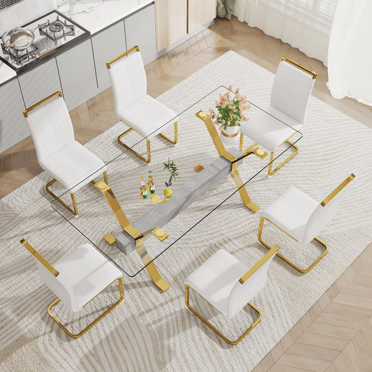 1 table and 6 chairs. Modern, simple and luxurious tempered glass rectangular dining table and desk with 6 white PU gold plated leg chairs 79in x39in x30in