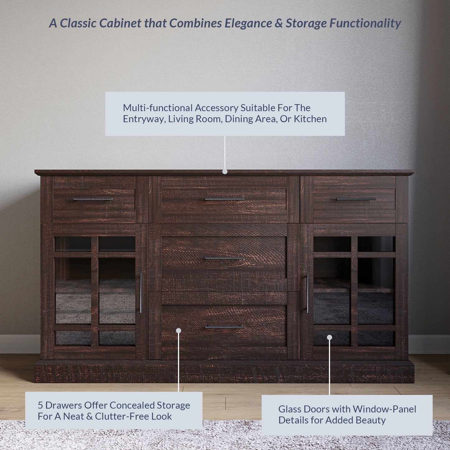 BELLEZE Modern Farmhouse Industrial Style Sideboard Buffet Console Table, Versatile Media Cabinet With Drawers And Adjustable Shelves - Astorga (Espresso)