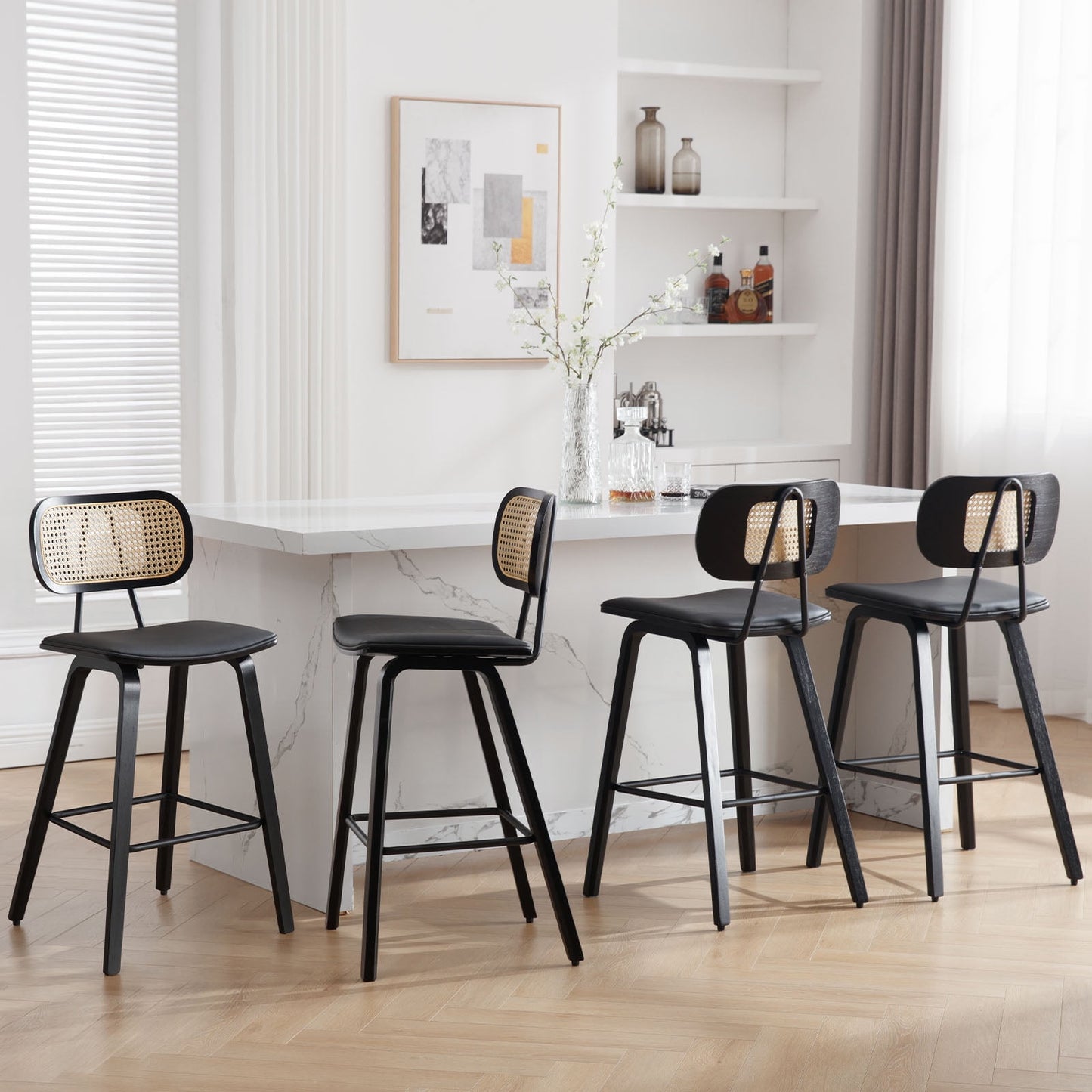 26in Counter Height Bar Stools with Rattan Back Set of 1, Mid Century Modern Wooden Stool PU Leather Upholstered Bar Chair for Kitchen Island Dining Room