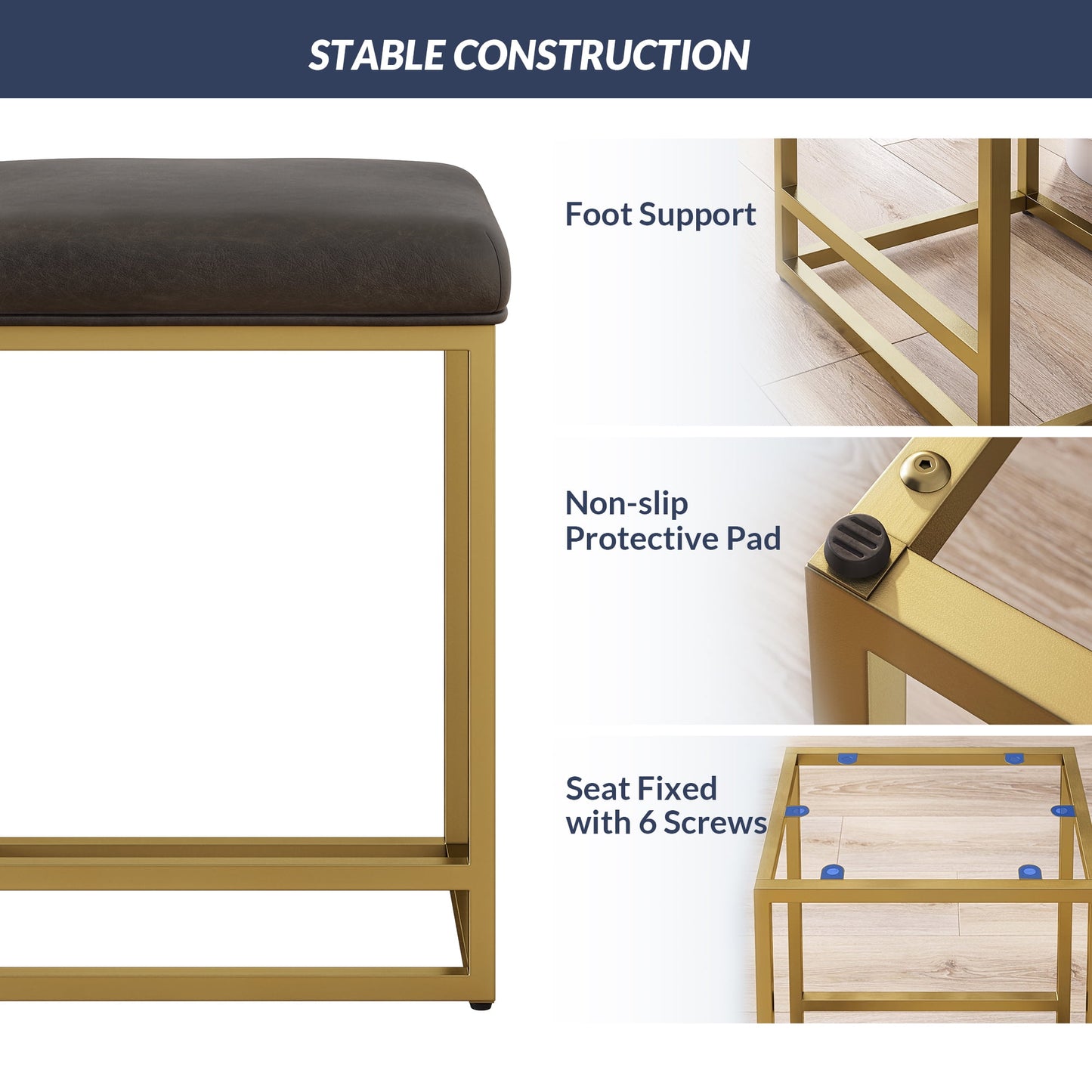 BELLEZE 24in Backless Bar Stools Set of 2, Counter Height Barstools, Modern Upholstered PU Leather Counter Stools with Metal Base Kitchen Island Chairs Dining Chair, Grey & Gold