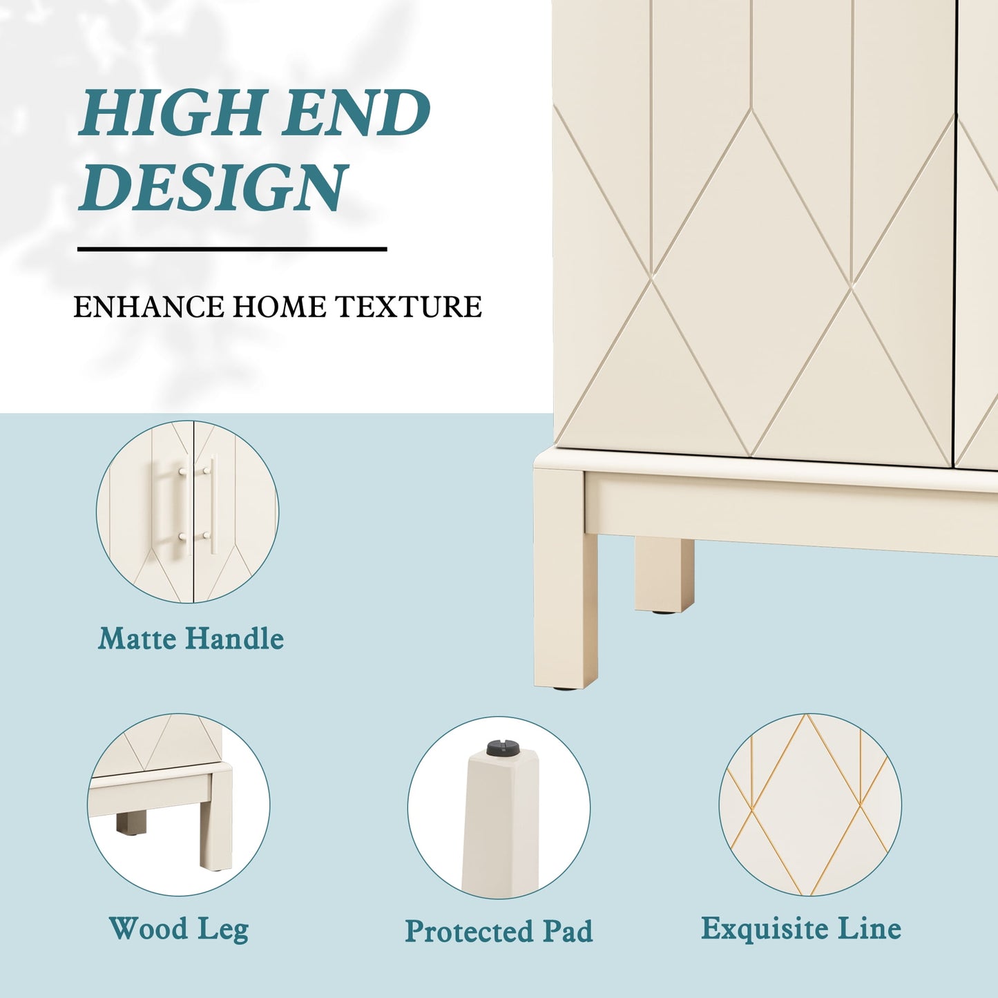 CBJCBJ 45in H Modern Kitchen Pantry Cabinet with 2-Door Adjustable Shelves and Golden Feet, White