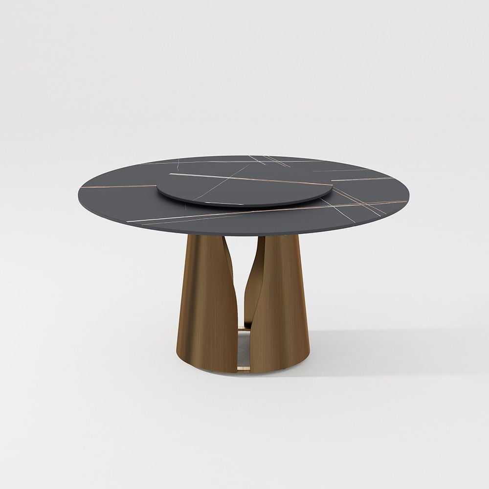 POVISON 51in Modern Black Round Dining Table with Lazy Susan for 4¡°?Matte Sintered Stone Table, Bronze Carbon Steel Base