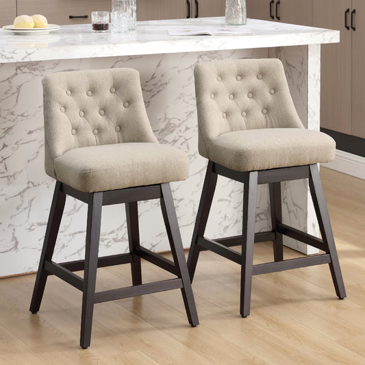TEWLOSS Swivel Bar Stools Set of 2 Linen Fabric Barstools for Kitchen Island (29in , Beige)