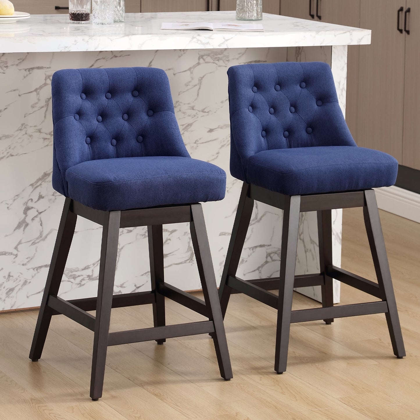 TEWLOSS Swivel Bar Stools Set of 2 Linen Fabric Barstools for Kitchen Island (29in , Blue)