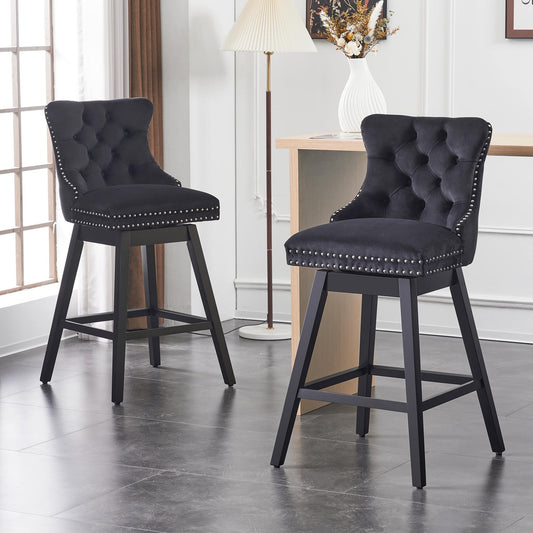 TEWLOSS Swivel Bar Stools Set of 2 Velvet Barstools for Kitchen Island (30in , Black)