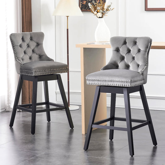 TEWLOSS Swivel Bar Stools Set of 2 Velvet Barstools for Kitchen Island (30in , Gray)