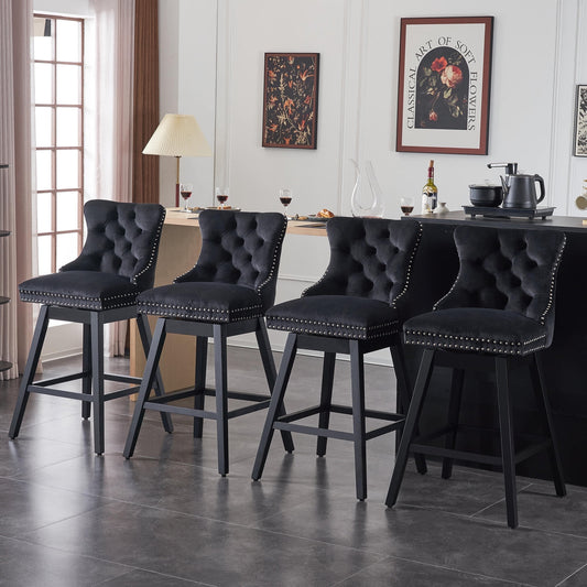 TEWLOSS Swivel Counter Height Bar Stools Set of 4 Velvet Barstools for Kitchen Island (26in , Black)