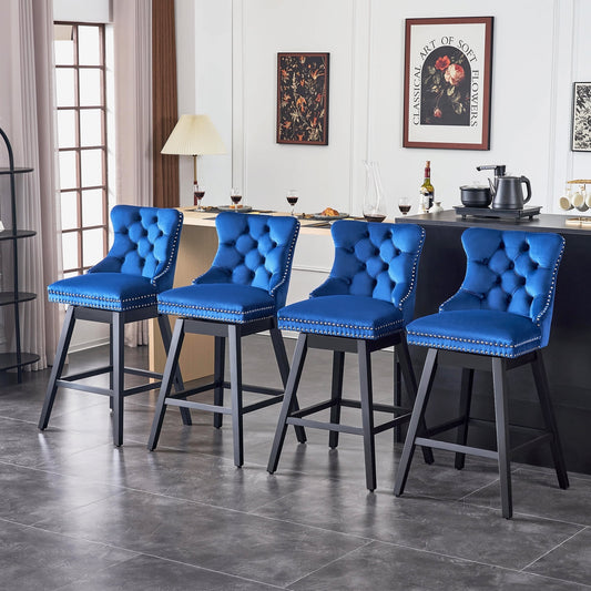 TEWLOSS Swivel Counter Height Bar Stools Set of 4 Velvet Barstools for Kitchen Island (26in , Blue)