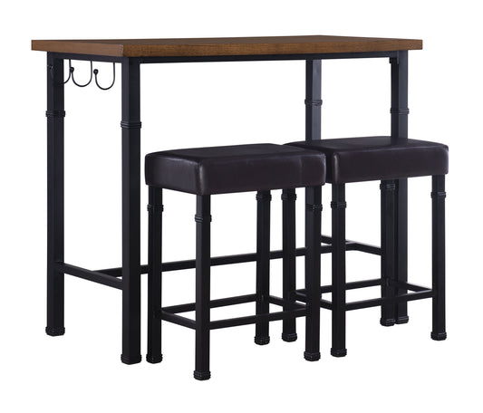 Linon Austin 3 Piece Pub Set Wood Table Top Padded Stools Metal Legs in Black