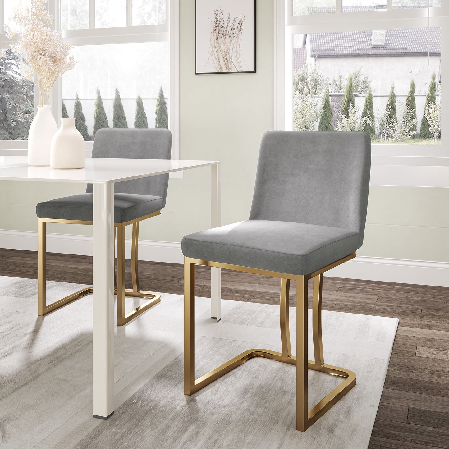 BELLEZE 19 Inch Upholstered Dining Chairs Set of 2, Velvet Kitchen Chairs Armless Dining Chairs with Gold Metal Frame, Modern Dining Chairs for Home and Restaurant - Hutton (Grey)