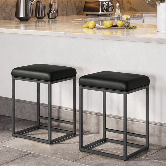 BELLEZE 24in Backless Bar Stools Set of 2, Counter Height Barstools, Modern Upholstered PU Leather Counter Stools with Metal Base Kitchen Island Chairs Dining Chair, Black & Black