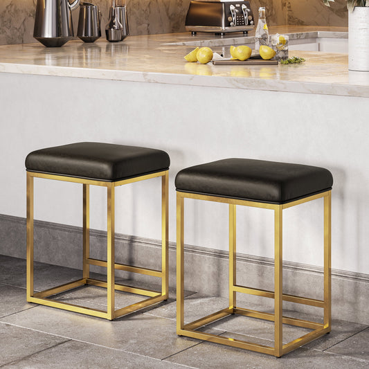 BELLEZE 24in Backless Bar Stools Set of 2, Counter Height Barstools, Modern Upholstered PU Leather Counter Stools with Metal Base Kitchen Island Chairs Dining Chair, Grey & Gold