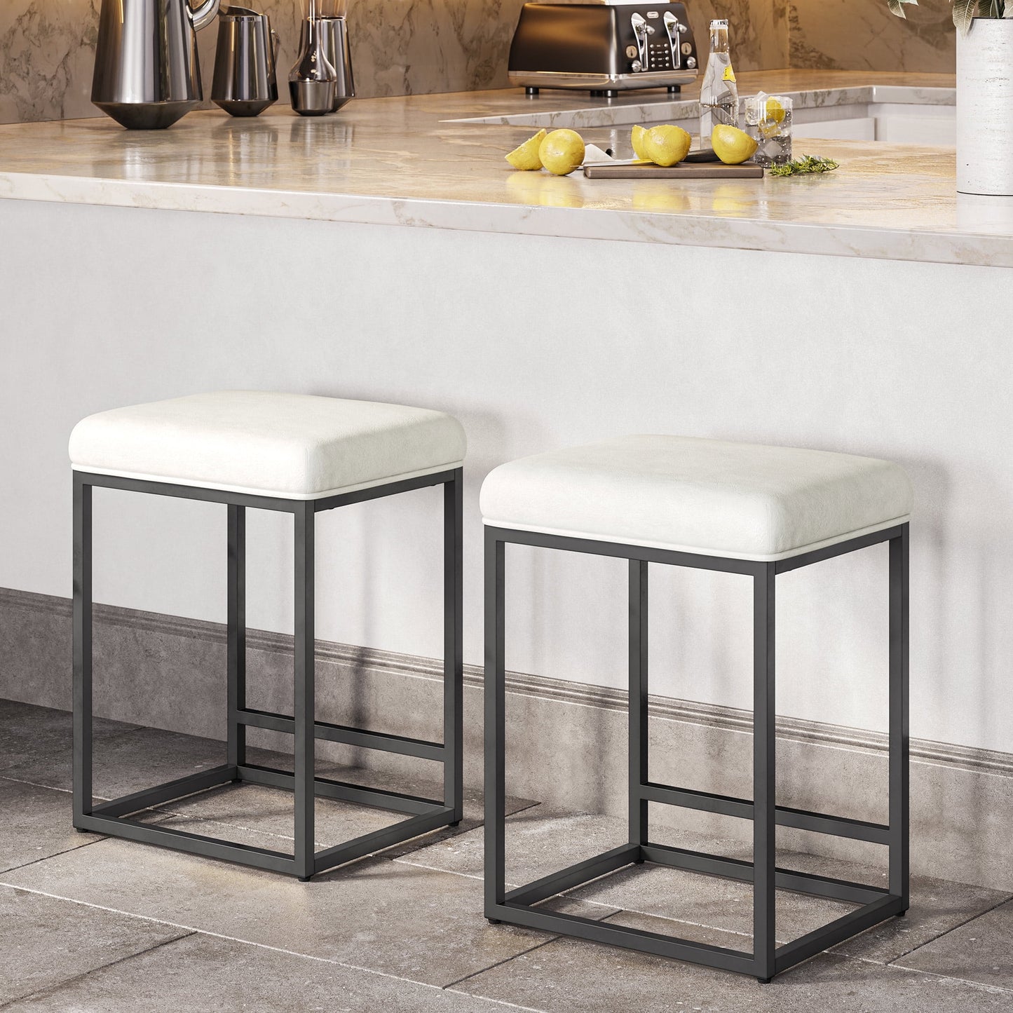 BELLEZE 24in Backless Bar Stools Set of 2, Counter Height Barstools, Modern Upholstered PU Leather Counter Stools with Metal Base Kitchen Island Chairs Dining Chair, White & Black