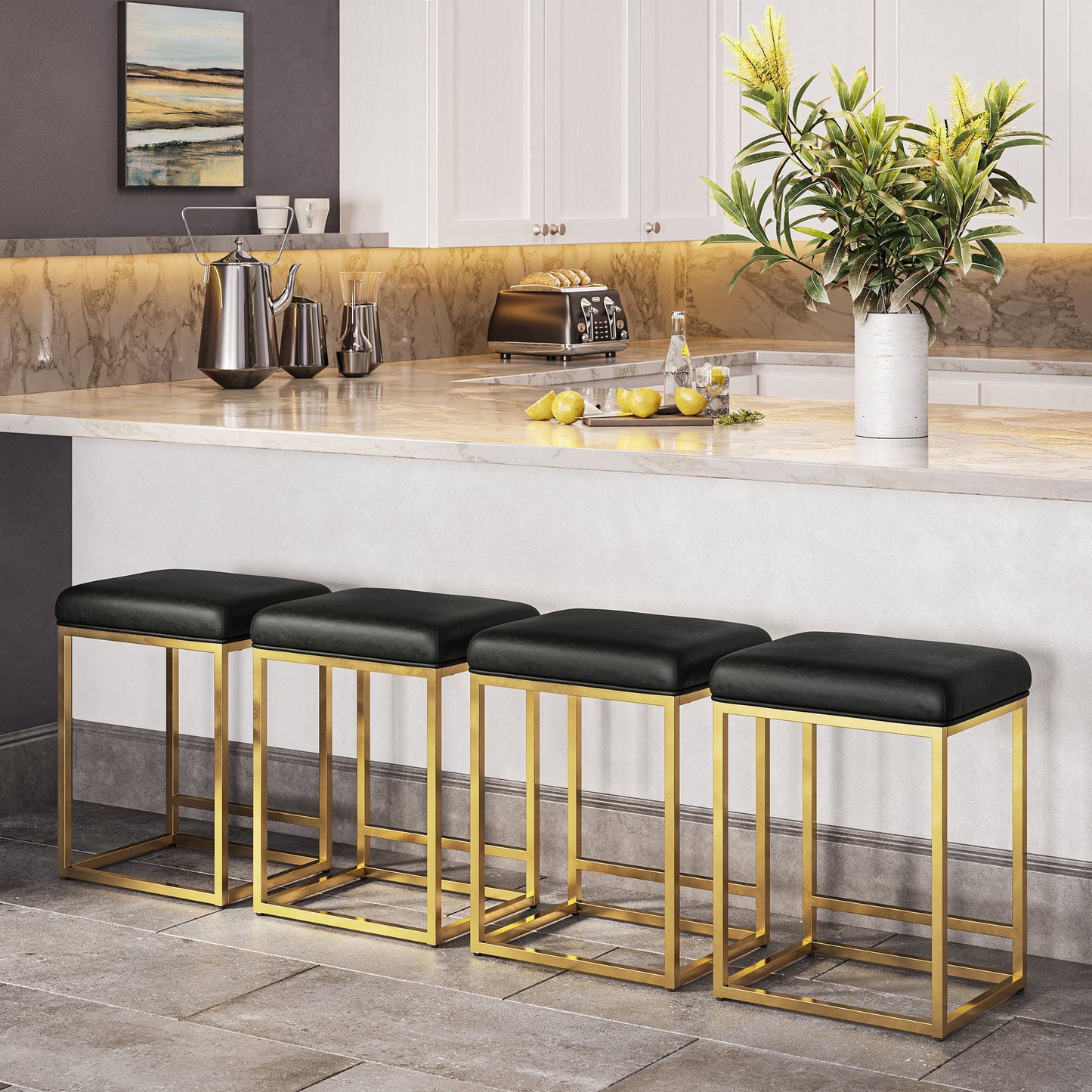 BELLEZE 24in Backless Bar Stools Set of 4, Counter Height Barstools, Modern Upholstered PU Leather Counter Stools with Metal Base Kitchen Island Chairs Dining Chair, Black & Gold