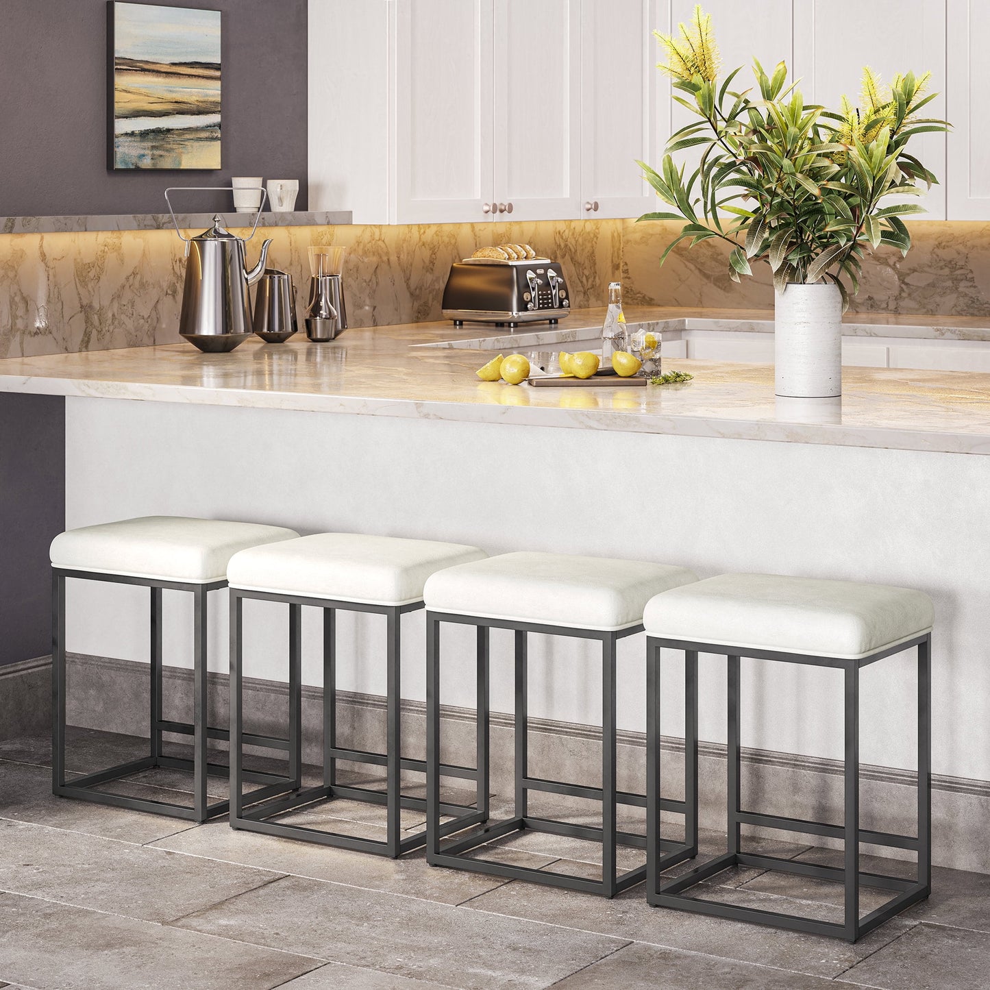 BELLEZE Set of 4, 24in Backless Bar Stools, Counter Height, PU Leather Upholstered, Metal Base, White & Black