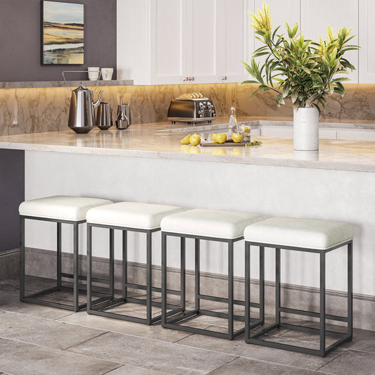 BELLEZE Set of 4, 24in Backless Bar Stools, Counter Height, PU Leather Upholstered, Metal Base, White & Black