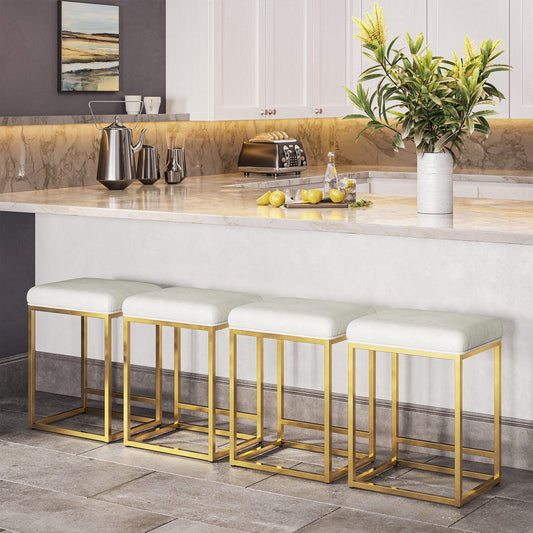 BELLEZE 24in Backless Bar Stools Set of 4, Counter Height Barstools, Modern Upholstered PU Leather Counter Stools with Metal Base Kitchen Island Chairs Dining Chair, White & Gold