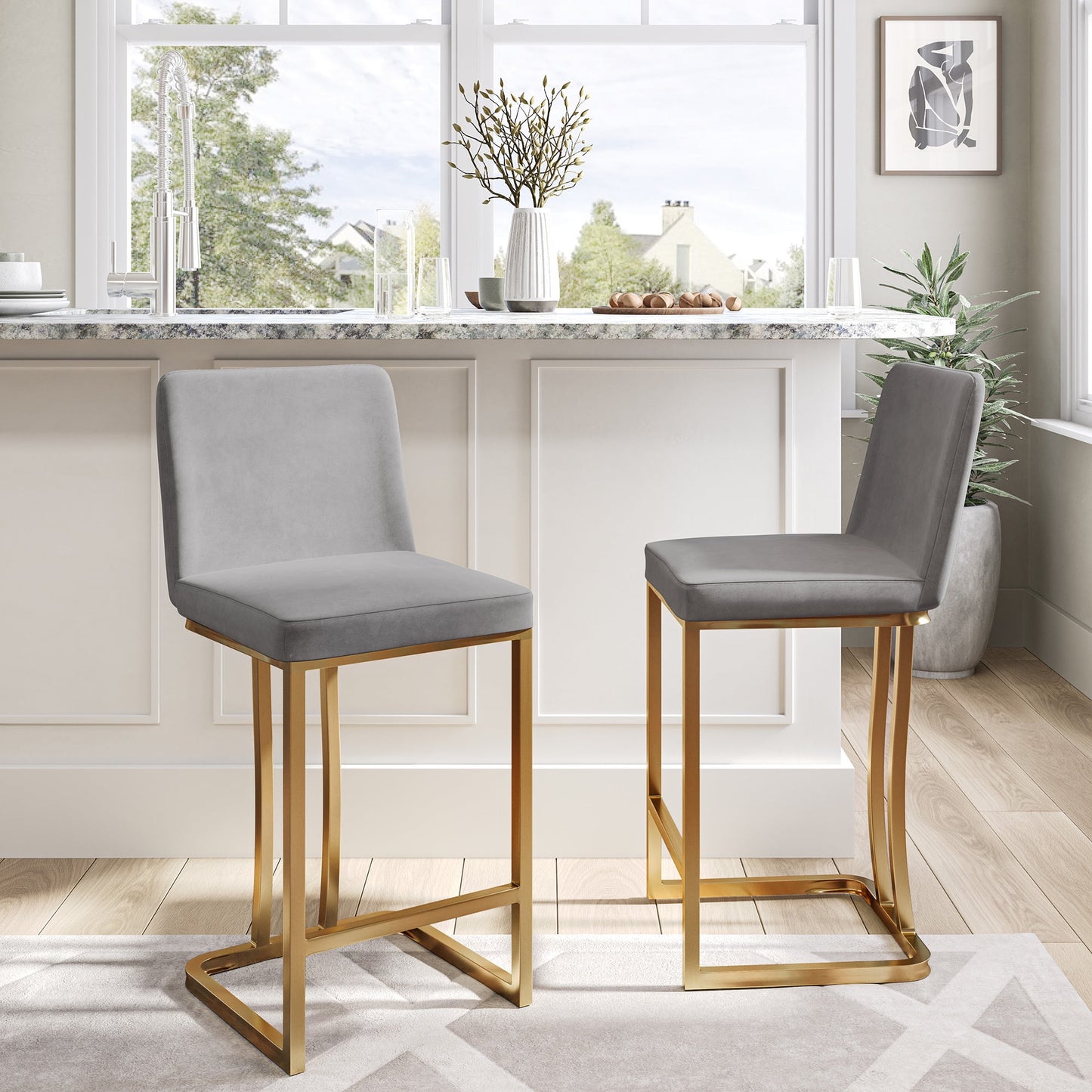 BELLEZE 24 Inch Barstools Counter Stools Set of 2, Upholstered Bar Stools with Gold Metal Frame, Modern Counter Height Chairs Kitchen Stools for Home and Restaurant - Hutton (Grey)