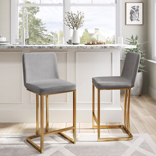 BELLEZE 24 Inch Barstools Counter Stools Set of 2, Upholstered Bar Stools with Gold Metal Frame, Modern Counter Height Chairs Kitchen Stools for Home and Restaurant - Hutton (Grey)