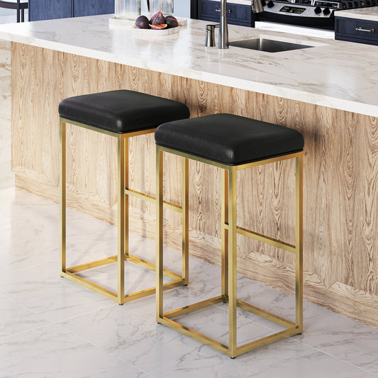 BELLEZE 30in Bar Height Bar Stools Set of 2, PU Leather Backless Barstools, Modern Upholstered Kitchen Stools with Metal Base Kitchen Island Chairs for Bar Pub Bistro, Black & Gold