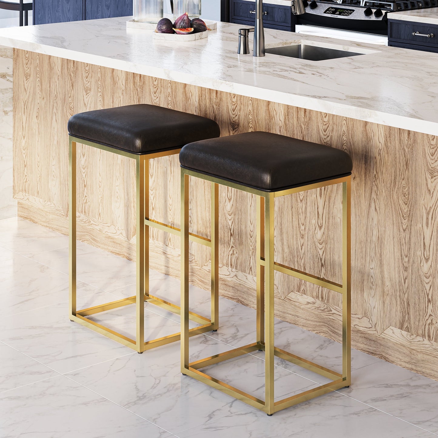 BELLEZE 30in Bar Height Bar Stools Set of 2, PU Leather Backless Barstools, Modern Upholstered Kitchen Stools with Metal Base Kitchen Island Chairs for Bar Pub Bistro, Grey & Gold