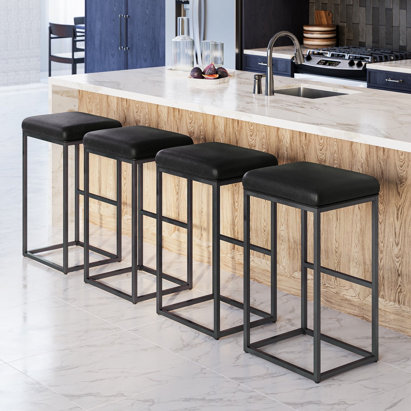BELLEZE 30in Bar Height Bar Stools Set of 4, PU Leather Backless Barstools, Modern Upholstered Kitchen Stools with Metal Base Kitchen Island Chairs for Bar Pub Bistro, Black & Black