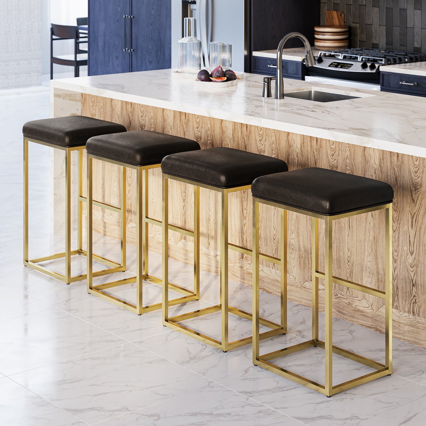 BELLEZE 30in Bar Height Bar Stools Set of 4, PU Leather Backless Barstools, Modern Upholstered Kitchen Stools with Metal Base Kitchen Island Chairs for Bar Pub Bistro, Grey & Gold