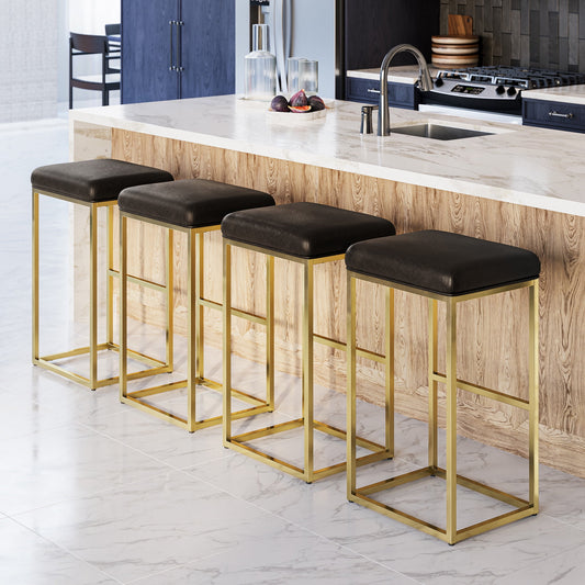 BELLEZE 30in Bar Height Bar Stools Set of 4, PU Leather Backless Barstools, Modern Upholstered Kitchen Stools with Metal Base Kitchen Island Chairs for Bar Pub Bistro, Grey & Gold