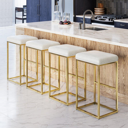 BELLEZE 30in Bar Height Bar Stools Set of 4, PU Leather Backless Barstools, Modern Upholstered Kitchen Stools with Metal Base Kitchen Island Chairs for Bar Pub Bistro, White & Gold