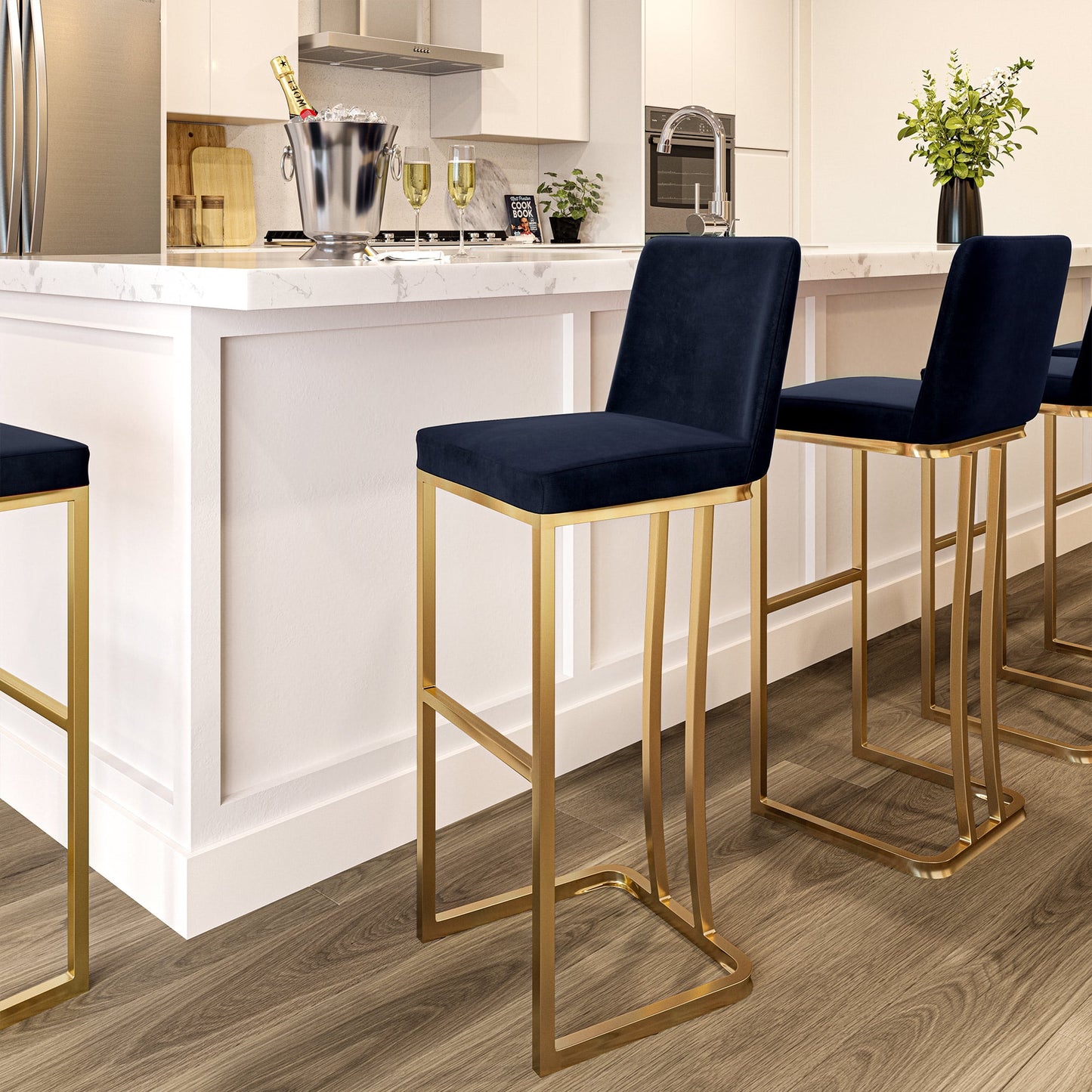 Belleze 30 inch Hutton Barstools Set of 2, Black Velvet Upholstered with Gold Frame, for Home & Restaurant