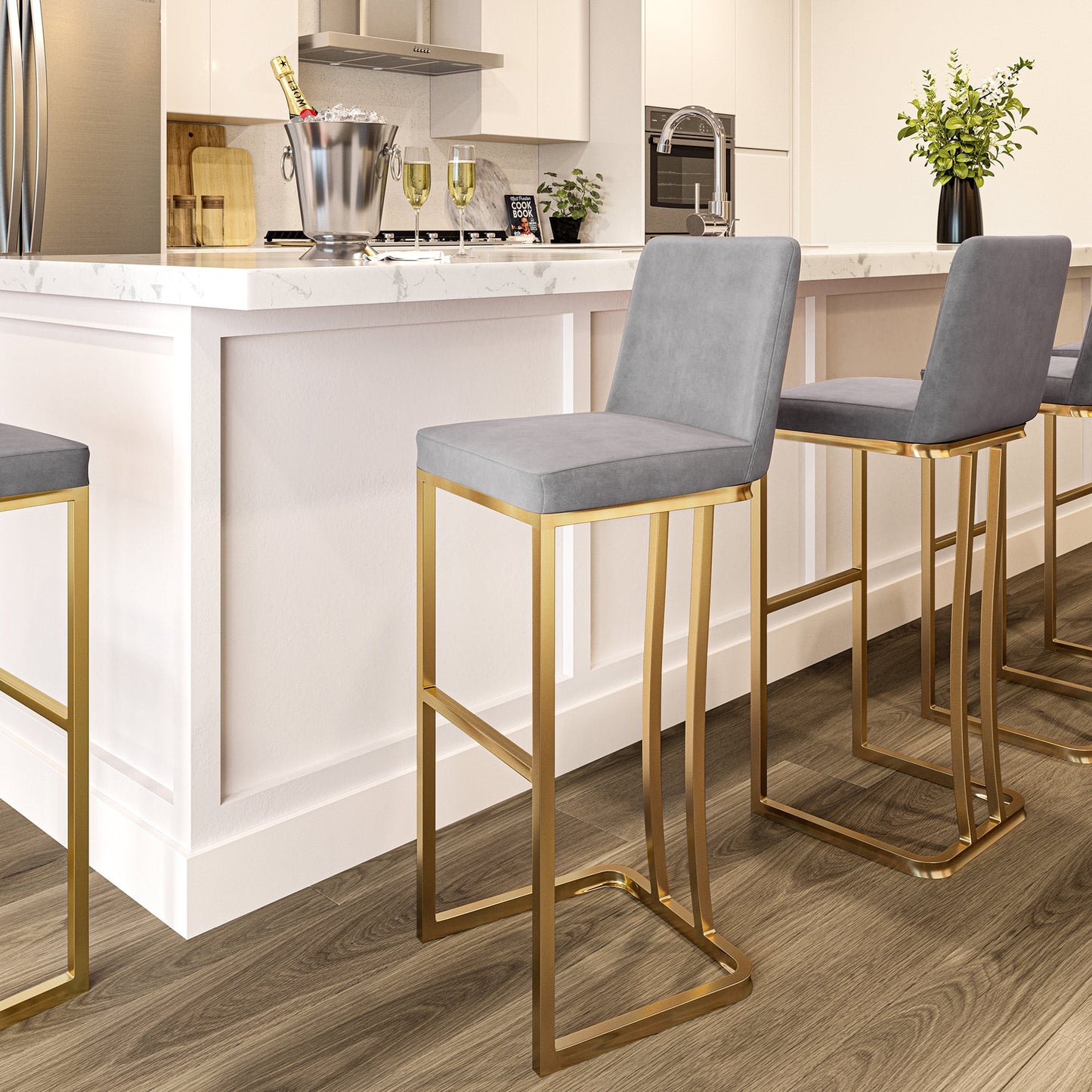 BELLEZE 30 Inch Barstools Counter Stools Set of 2, Upholstered Bar Stools with Gold Metal Frame, Modern Bar Height Stools Island Chairs for Home and Restaurant - Hutton (Grey)