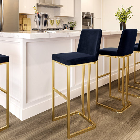 BELLEZE 30in Seat Height Bar Stools Upholstered Velvet Mid Back Barstool with Gold Metal Leg [Set of 1]- Hutton (Black)