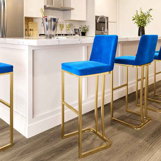 BELLEZE 30in Seat Height Bar Stools Upholstered Velvet Mid Back Barstool with Gold Metal Leg [Set of 1]- Hutton (Blue)