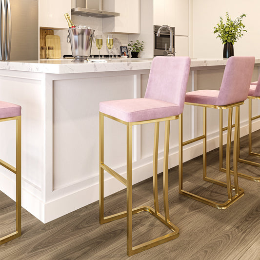 BELLEZE 30in Seat Height Bar Stools Upholstered Velvet Mid Back Barstool with Gold Metal Leg [Set of 1]- Hutton (Pink)