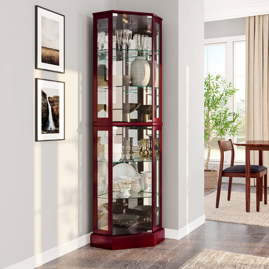 BELLEZE Ashfield Lighted Wood/Glass Curio Corner Cabinet Floor Standing, Cherry