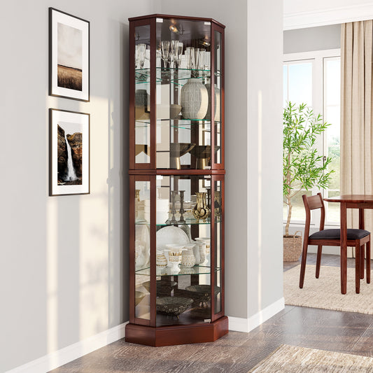 BELLEZE Ashfield Lighted Corner Cabinet with Glass Doors, 6 Wood Shelves for Display, Walnut