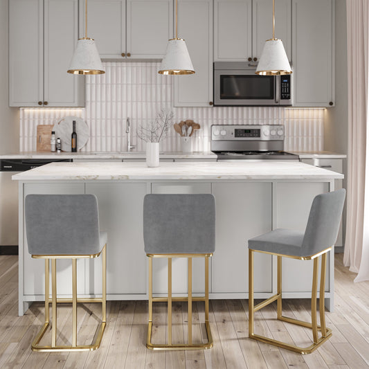 BELLEZE Counter Height 24in Bar Stools Upholstered Velvet Mid Back Barstool with Gold Metal Leg [Set of 1]- Hutton (Grey)