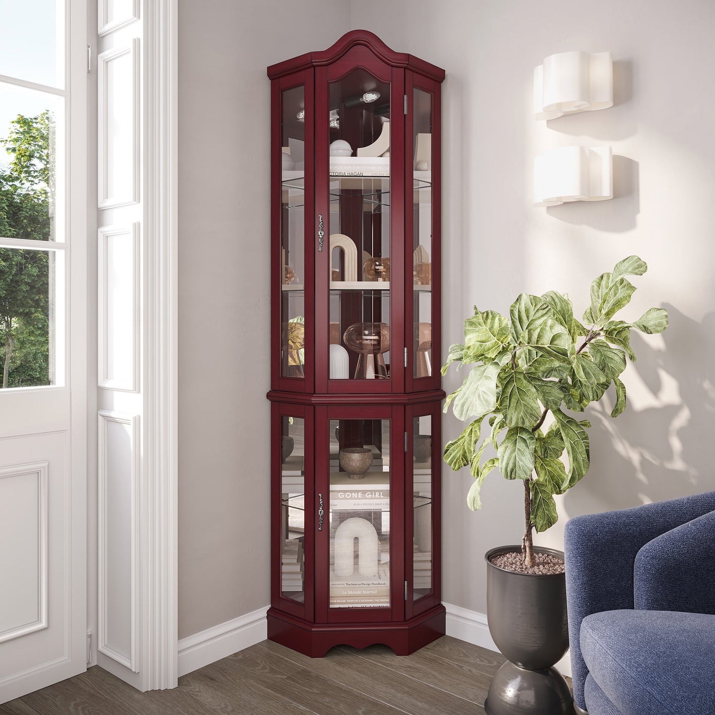 BELLEZE Loraine Canted Front Lighted Corner Curio Cabinet With 5 Tier Shelves, Cherry