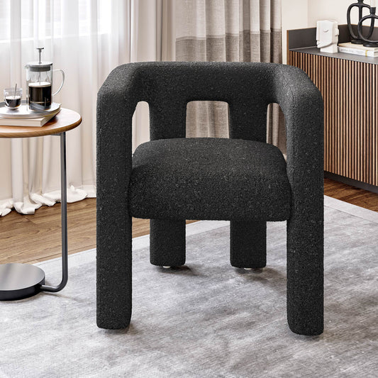 BELLEZE Modern Boucle Chair, Linen Dining Chair with Barrel Sidearms and Back, Minimalist Upholstered Kitchen Armchair for Dining Room - Lisbon (Black)