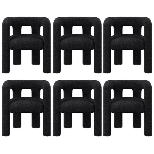 BELLEZE Modern Boucle Chairs Set of 6, Linen Dining Chairs with Barrel Sidearms and Back, Minimalist Upholstered Kitchen Armchairs for Dining Room - Lisbon (Black)