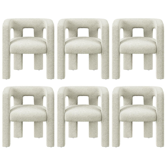 BELLEZE Modern Boucle Chairs Set of 6, Linen Dining Chairs with Barrel Sidearms and Back, Minimalist Upholstered Kitchen Armchairs for Dining Room - Lisbon (Cream)