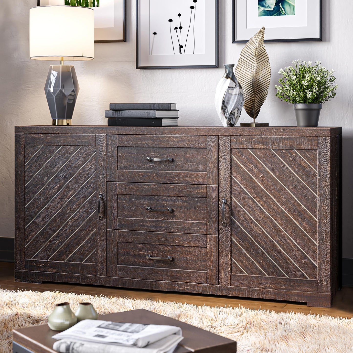 BELLEZE Modern Farmhouse Sideboard for Dining Room & Living Room, Storage Cabinet, Holds Up to 70lbs, Hilo (Espresso)