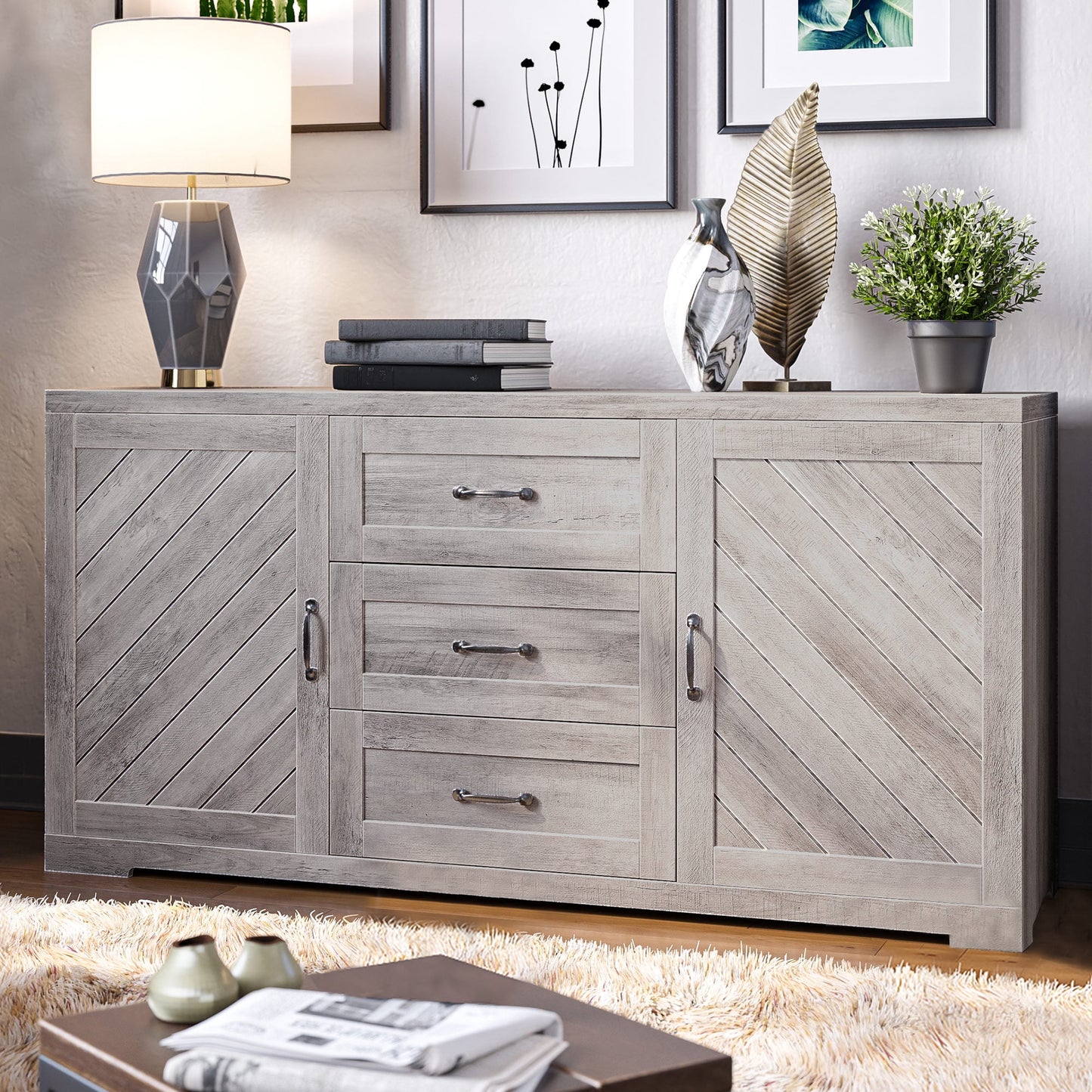 BELLEZE Modern Farmhouse Sideboard for Dining Room & Living Room, Storage Cabinet, Holds Up to 70lbs, Hilo (Espresso)