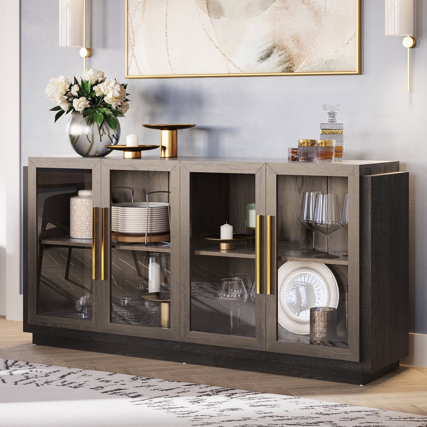 BELLEZE Sideboard, Modern Wood & Glass, Kitchen/Dining Room Furniture - Brixston, Brown