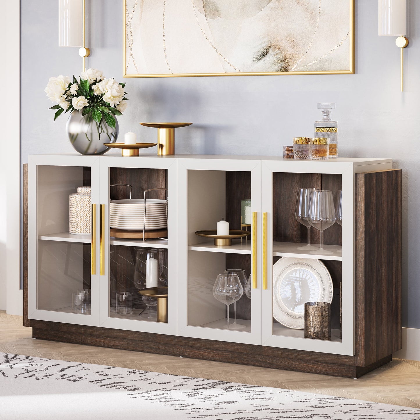 BELLEZE Sideboard Buffet Cabinet, Modern Wood Glass-Buffet-Sideboard with Storage, Console Table for Kitchen, Dinning Room, Living Room, Hallway, or Entrance - Brixston (White)