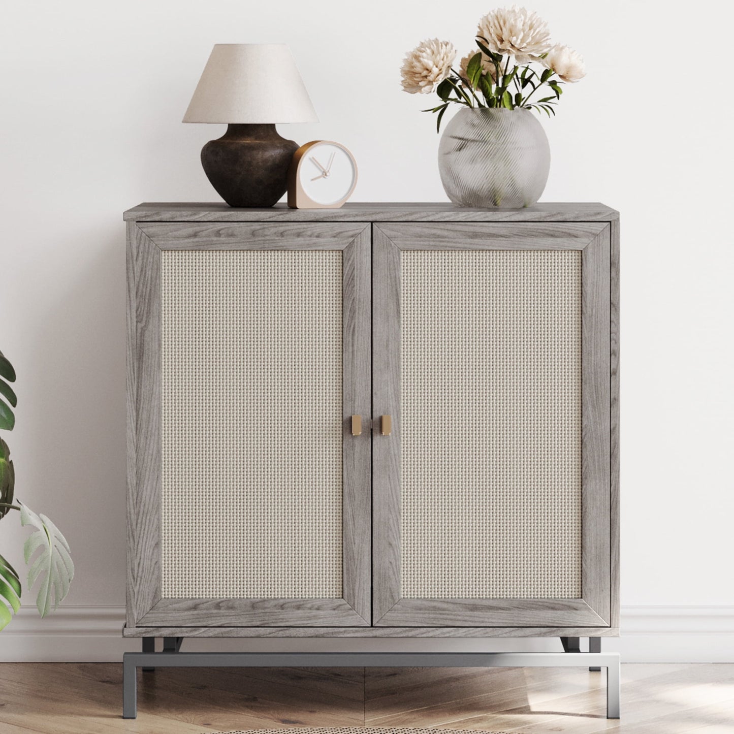 BELLEZE Sideboard Buffet Cabinet with Rattan Decorated Doors, Storage Cabinet with Metal Base and Adjustable Shelves, Credenza for Bedroom, Hallway, Living Room, Office - Liam(Gray)