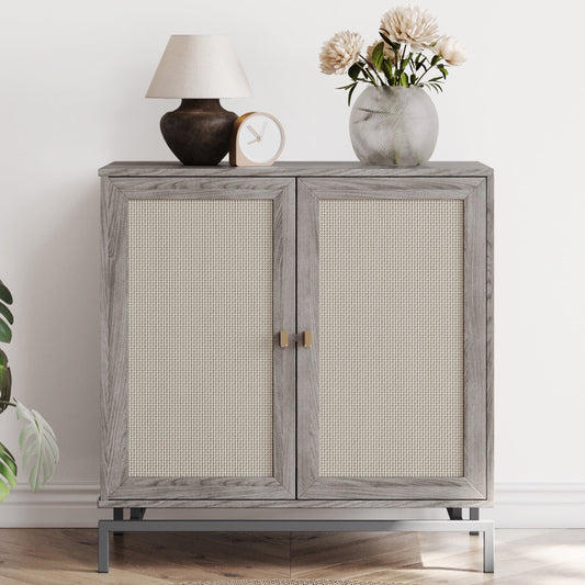 BELLEZE Sideboard Buffet Cabinet with Rattan Decorated Doors, Storage Cabinet with Metal Base and Adjustable Shelves, Credenza for Bedroom, Hallway, Living Room, Office - Liam(Gray)